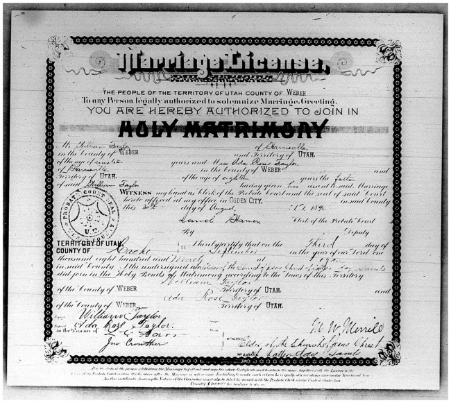 Weber County, Utah, "Marriage Licenses 1887-1946": certificate no. 493, issued 30 Aug 1890, William Taylor and Ada Rose Taylor, certified 3 Sept 1890; FHL microfilm 1324660.